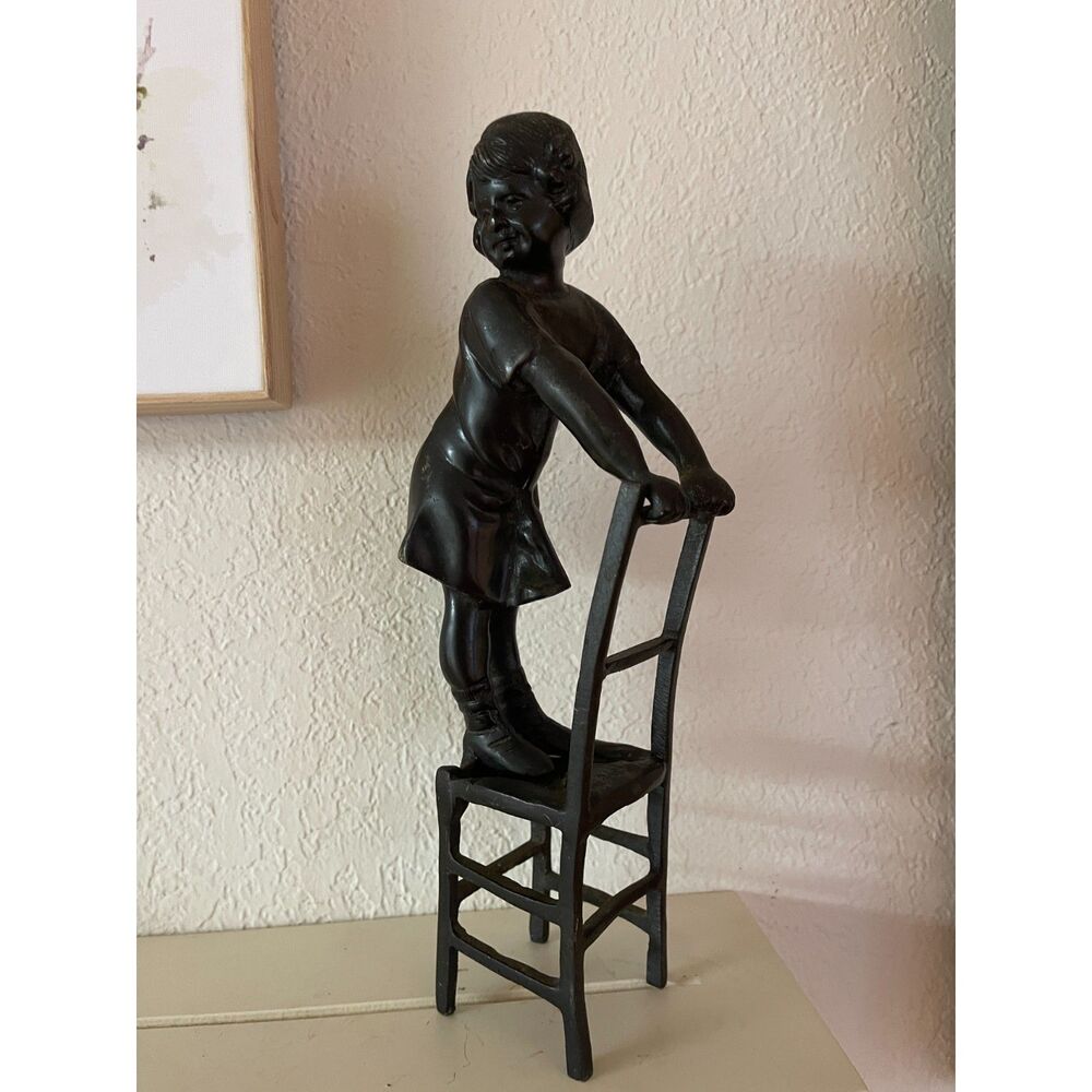 Juan Clara Cast Bronze Statue Sculpture Girl on Chair Lg Heavy Brass Vintage 11"
